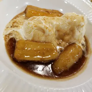 Bananas Foster - bananas sauteed in butter and brown sugar with cinnamon.  Flamed with rum and served over vanilla ice cream.  So delicious!