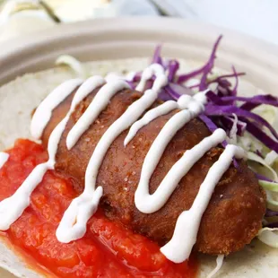 Fresh fish taco with pineapple and mango salsa