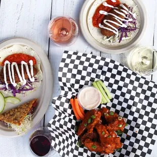 Fish taco, ahi taco, and wings.