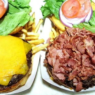 two burgers and french fries