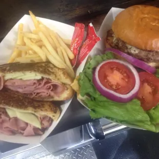 Grilled Ham &amp; Cheese with candied bacon and the 1/2 lb. chopped chuck/short rib burger!