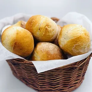 a basket of bread rolls