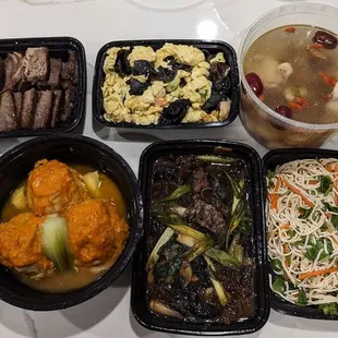 Stewed Sea Cucumber, Beef Ribs, Crab Roe Meatballs, Chicken Soup, Eggs w/ Shrimps and Black Fungus, Greens w/Garlic, Seaweed and Tofu Salad.