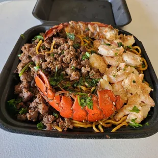 Lobster, Shrimp and Carne Asada Chow Mein.