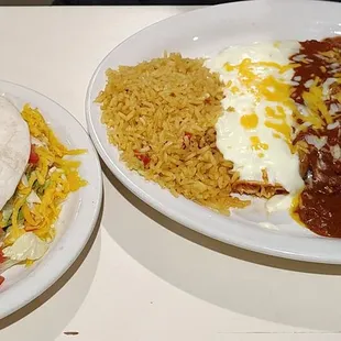 Chelinos special! A taco, a tamale and 2 enchiladas with rice and beans!  Delicious!