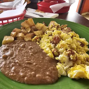 Country sausage &amp; eggs, w/beans &amp; potatoes with 2 tortillas! #winning