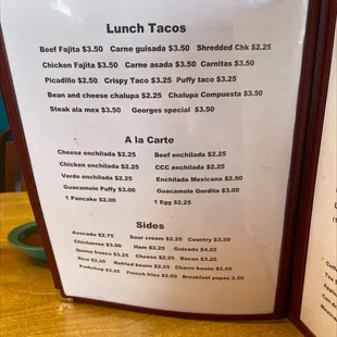 a menu for lunch tacos