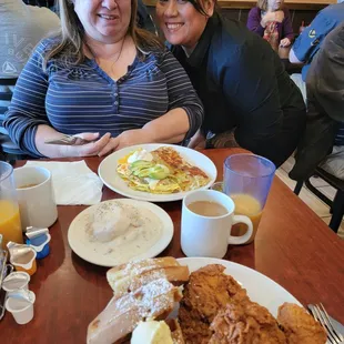 Chicken and waffle, cheliz omelet.