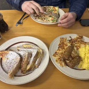 french toast combo with home fries & a veggie omelette for him !
