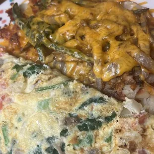 Veggie Omelet and loaded hash browns