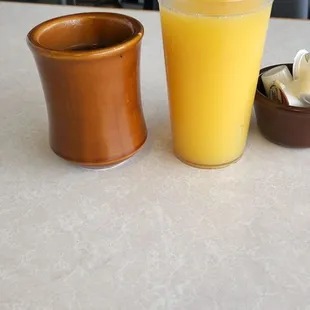 Hot coffee and a medium Oj