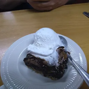 Caramel brownie with pretzel crust & vanilla bean ice cream.