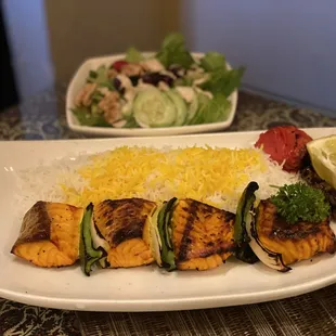 Mahi Kabab  Fresh salmon, served in Middle Eastern fashion.