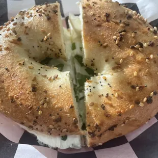 Everything Bagel with cream cheese and scallions