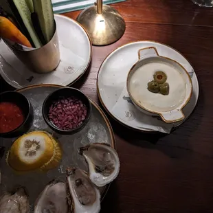 Oysters, martini dip with crudite