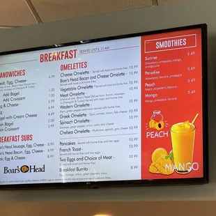 Breakfast and smoothies menu