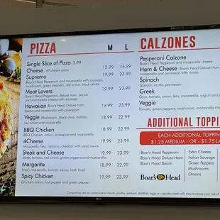 Pizza and calzones menu