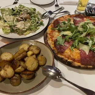 Caesar Salad, Pizza Bresaola e Rughetta, Roasted Yukon Potatoes