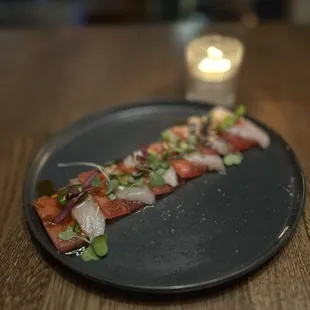 Yellowtail sashimi and watermelon / so refreshing but also flavorful!