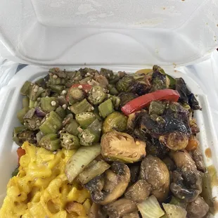 Vegan Mac n Cheese, Mushrooms, Okra, Brussel Sprouts