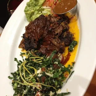 Taco beef short rib with guac, tomato, lettuce and kale/quinoa salad