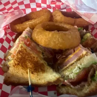 Avocado club and onion rings