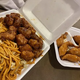 Orange chicken and chow mien Honey Shrimp
