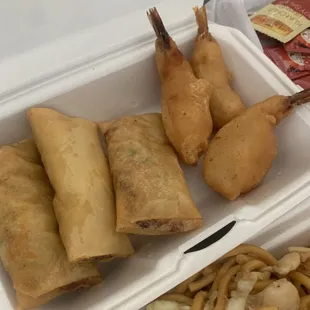 Chicken egg rolls and fried shrimps