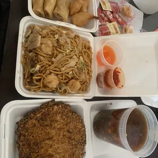 Egg foo young and the broth, House chow mein, chicken egg rolls and fried shrimp