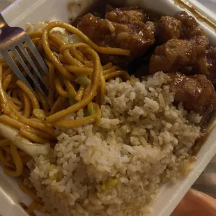 Orange chicken with noodles and fried rice