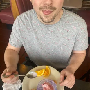 Orange Slices, Strawberry Ice Cream, Doughnuts