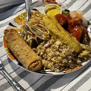 Egg Roll, House Lo Mein, Egg Fried Rice and Sweet and Sour Pork with added vegetables