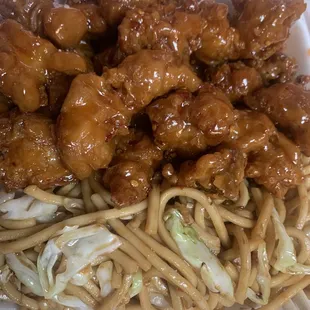 chicken and noodles in a styrofoam container