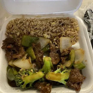 Pepper steak, Beef and Broccoli, and pork fried Rice