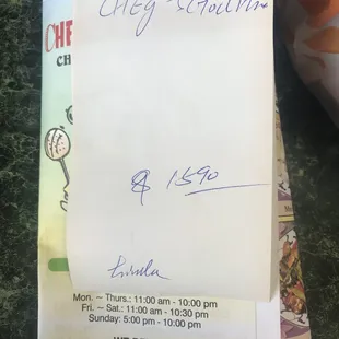 the receipt for the restaurant