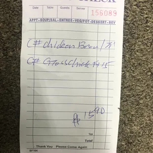 a receipt for dinner