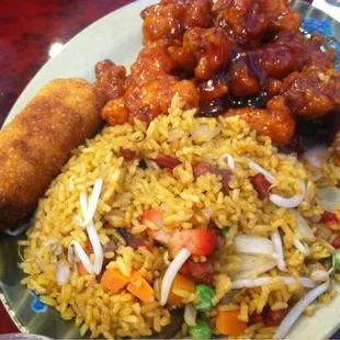General Tsos Chicken dinner with pork fried rice and an egg roll.