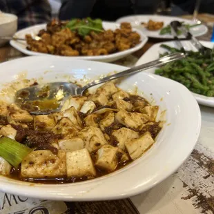 Mabo dofu, chongqing chicken, gan bian si jie dou (green beans)
