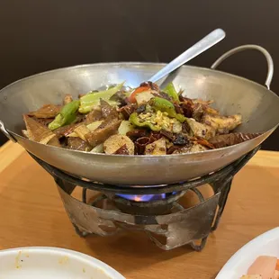 Pork Intestine with Hot Peppers in Flaming Pan