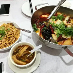 We order cold noodles, chicken with taro, Maocai and hot and sour soup, very spicy but delicious!