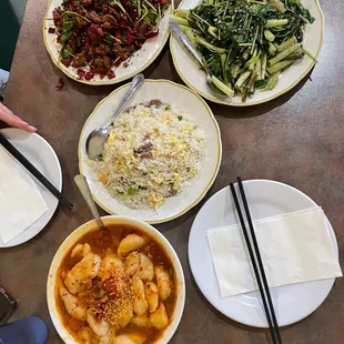 a variety of dishes on a table