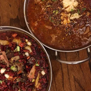 Red Tofu and Pig Intestine with Mixed Vegetable and Beef Tripe in Spicy Soup