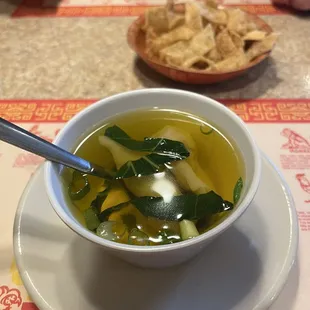 Wonton Soup with dinner has two wonton, green onions and bok choy