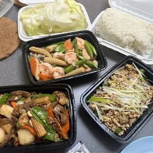 Jumbo Shrimp with Asaparagus (top), Sizzling Steak and Scallop (left), and Chicken in Lettuce Wraps (right w/lettuce separate)