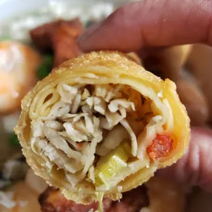 a hand holding a fried egg roll