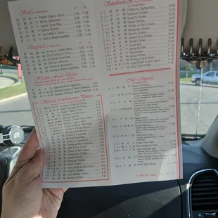 a menu in a car