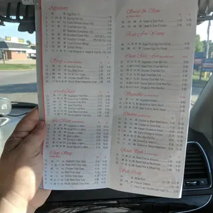 a menu in a car