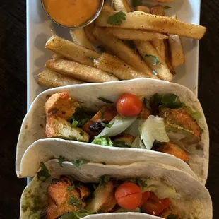 Chicken tikka tacos with masala fries and chili mayo