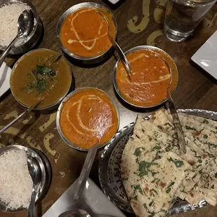 Butter Chicken (Chicken Manchurian) was our favorite. Chicken tikka masala and the regular curry. Garlic naan.