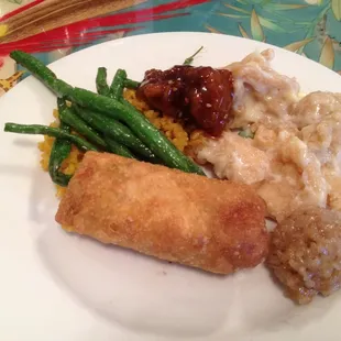 Egg roll, Green bean, Rice Ball with meat, coconut chicken